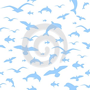Pattern seamless white background seagulls dolphins and fish mar