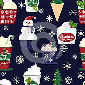 Pattern of a set of colorful delicious cupcakes, cakes, desserts, ice cream with Christmas and new year decorations.flat style.