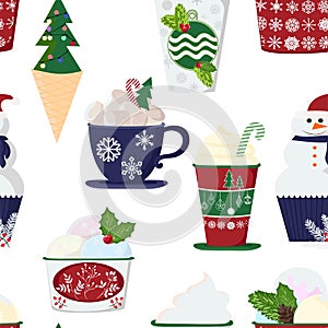 Pattern of a set of colorful delicious cupcakes, cakes, desserts, ice cream with Christmas and new year decorations.flat style.