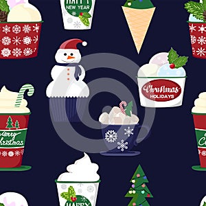 Pattern of a set of colorful delicious cupcakes, cakes, desserts, ice cream with Christmas and new year decorations.flat style.