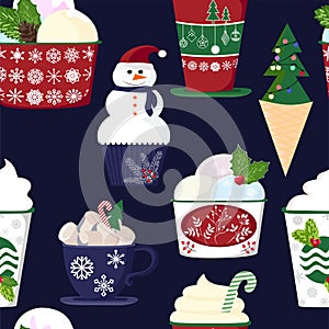 Pattern of a set of colorful delicious cupcakes, cakes, desserts, ice cream with Christmas and new year decorations.flat style.