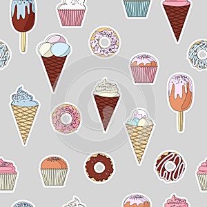 Pattern from a set of colorful delicious cupcakes, cakes, desserts, ice cream and donuts. Cupcake icons, flat style. Vector.