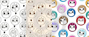 Pattern set cute cats.Emoji animals pattern