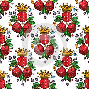 Pattern set of dices and crown on white background