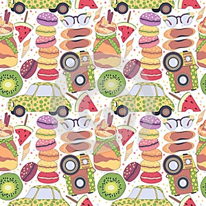 Pattern, set of different travel doodles elements, vacation holiday, romantic and summer things macaroons, car, fruits, camera