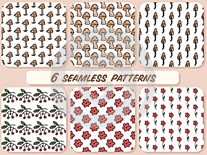 Set of 6 seamless patterns. Mushrooms, flowers and berries.