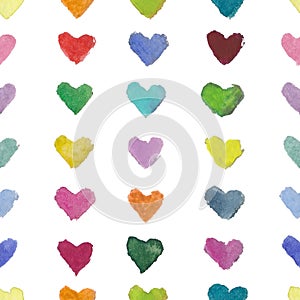 Pattern of watercolor hearts of different colours photo