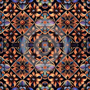 Seamless pattern Rapport in board blue dark with flowers for repetition. Generative AI. Pattern mirrored repeat duplicates photo