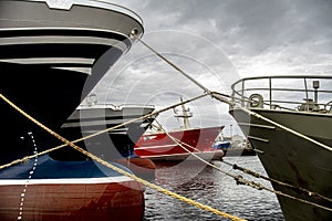 Pattern of shapes and ropes,  in Fraserburgh Harbour,Aberdeenshire,Scotland,UK.