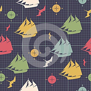 pattern ships compasses sea bird decorative design on graph paper