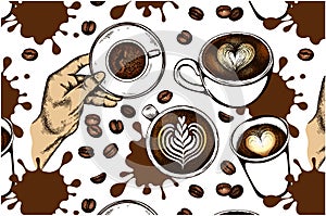 Pattern of sketch drawing cup of coffee, coffee beans, brown coffee splash isolated on white background