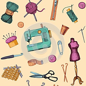 Pattern with sketches of sewing and knitting