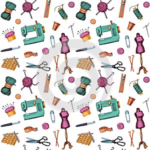 Pattern with sketches of sewing and knitting