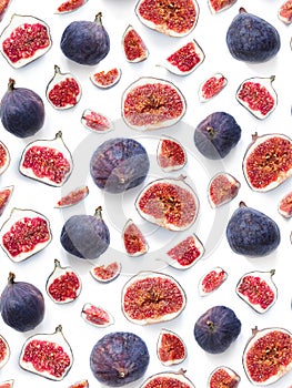 Pattern of sliced ripe figs isolated on white background. Fruit illustration. Food photo. Flat lay, Top view