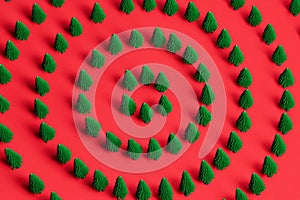 Pattern of miniature-pine trees on a red-background.