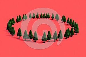 Pattern of miniature-pine trees on a red-background.