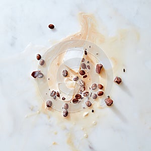 A pattern of splashes of coffee with milk pieces of chocolate, ice and coffee grains on a gray marble background with