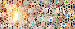 Pattern of stacked crayons with business candle stick graph chart of stock market investment trading, Statistic and data, charts