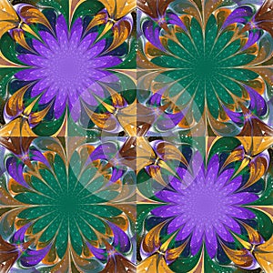 Pattern in stained-glass window style. Purple, green and beige palette. You can use it for invitations, notebook covers, phone