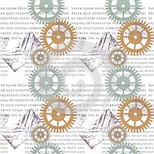 Pattern steampunk cogwheels gears stamp text. White background.