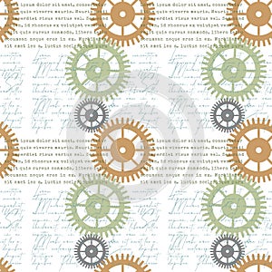 Pattern steampunk cogwheels gears text. White background.
