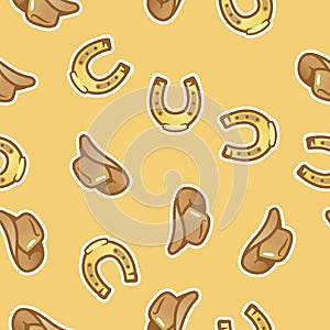 Pattern stetson hat for cowboy and horseshoe on yellow background. Cowboy hat and horse shoe seamless pattern.