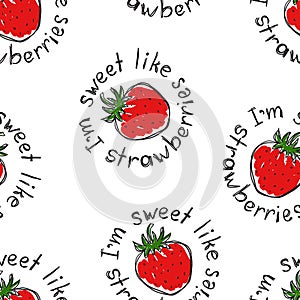 The pattern of strawberries and text I am a sweet as strawberries.