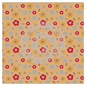 Pattern with stylized colors. Red, yellow and blue flowers on a brown background.