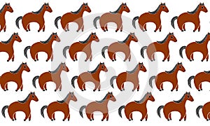 Pattern of stylized horse illustrations. White background. Printmaking style.