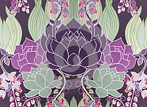 Pattern succulents painted with watercolor gouache background. Color violet A stone rose.