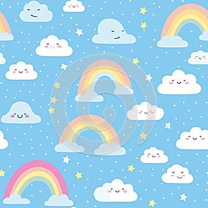 pattern with sun clouds and stars, rainbow pattern cartoons, background Vector