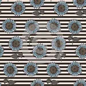 Pattern with sunflowers on striped background