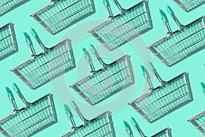 Pattern of supermarket shopping basket on trendy green background. Creative design for packaging. Online shopping. Seamless