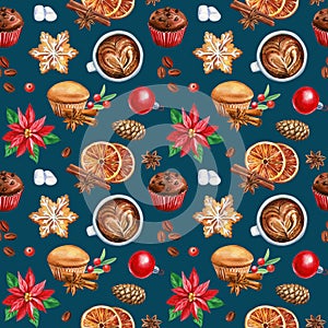 Pattern sweet Christmas. Watercolor gingerbread, cupcakes, cinnamon. New Year seamless pattern