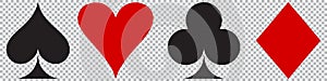 Pattern of symbols of card suit - clubs, diamonds, spades, hearts on an imitated transparent background.