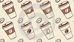 Pattern of Takeaway Coffee Cups with Coffee Beans, vector design Generative AI