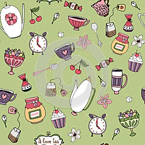 Pattern with teacups teapots sweets and flowers