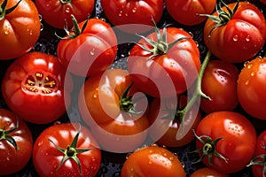 Pattern texture background of many vine ripened fresh raw tomatoes photo