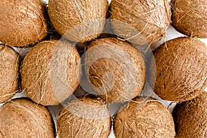 Pattern, texture with coconuts on white background. Tropical abstract background. Flat lay, top view.