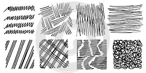 Pattern, texture, line hand drawn. Hatch drawing pen ink and crosshatch draw pencil sketch. Doodle scratch style. Black