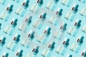 Pattern of their transparent bottles with cosmetic. Concept of injection is hyaluronic acid, botulin