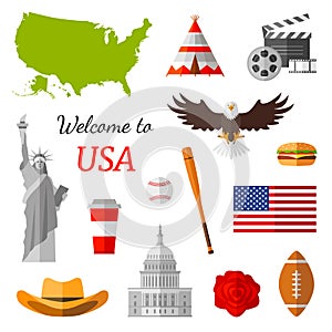 Pattern on the theme of travel in the USA. Vector illustration. Popular country symbols
