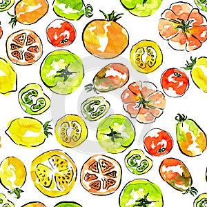 Pattern with tomatoes, red, green and yellow colors, table cloth and tea towel design, kitchen decor, cooking book