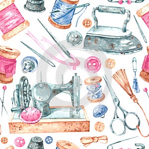 Pattern of tools for sewing on a white background