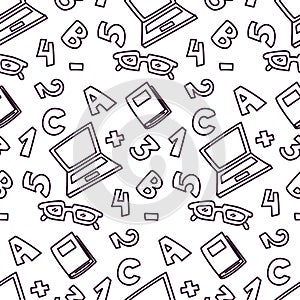 Pattern on the topic of education school books, computer, numbers in dudul style on a white background. Mathematics