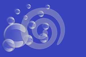 Pattern with transparent floating soap bubbles on blue background