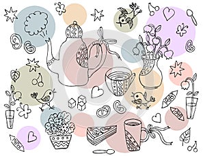 Pattern for tray or tablecloth. Beautiful card with hand drawn elements for tea party - teapot, cups, spoons, vases with flowers