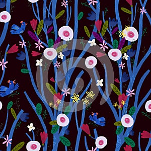 Pattern with blue birds