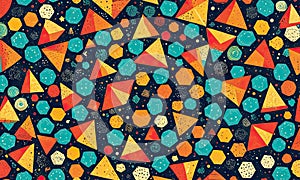 A pattern of triangles and circles is displayed on a dark background.