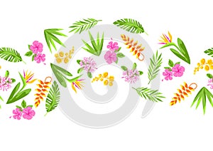 Pattern with tropical flowers. Decorative exotic foliage and plants.